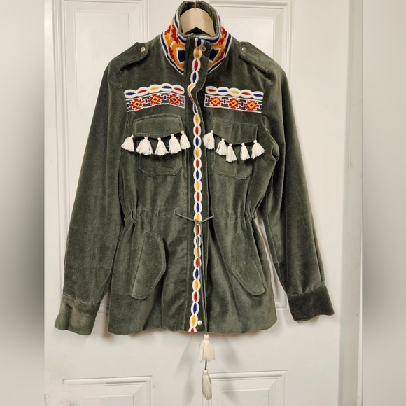 Anthro Aztec South Western Embroidered Tassel Olive Velvet Parka Jacket size M - Picture 5 of 16